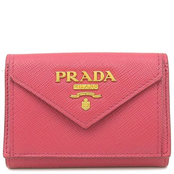 Prada Handbags - Prada Trifold Wallet Metal Logo Leather Pink Gold Hardware Compact Wallet